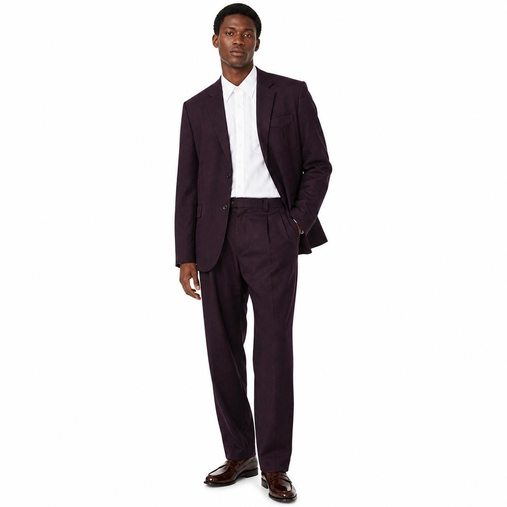 Dark Purple Suit Mens 40L Pleated Pants 2 Button Jacket Double Vent Straight Leg
